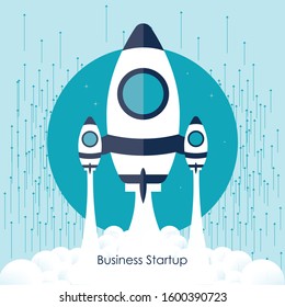 Flat design business startup launch concept with rocket icon