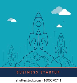 Flat design business startup launch concept with rocket icon