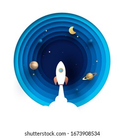 Flat design business startup launch concept, rocket icon. Paper art carving the rocket flying in space. Concept business idea, startup, exploration. vector illustration. background for business