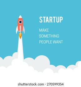 Flat design business startup launch concept with rocket icon