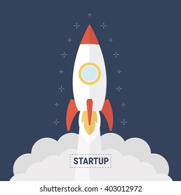 Flat design business startup launch concept with rocket icon