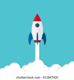 Flat design business startup launch concept with rocket icon