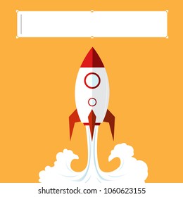 Flat design business startup rocket illustration and empty space with text box.