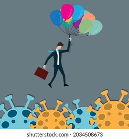 Flat design business success,Young businessman flying across the virus with balloon,adaptation 
concept - vector illustration