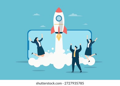Diseño plano de un equipo de negocios animando mientras un cohete se lanza desde una pantalla móvil. Representa el crecimiento digital, el éxito de las startups y el avance financiero en una estética limpia y moderna.