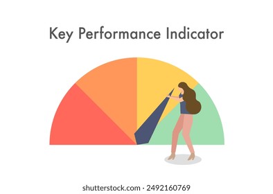 Flat design of Business woman is trying so hard to make Key Performance Indicator (KPI) from yellow status to green status vector, businesswoman is working so hard to get the green performance vector.