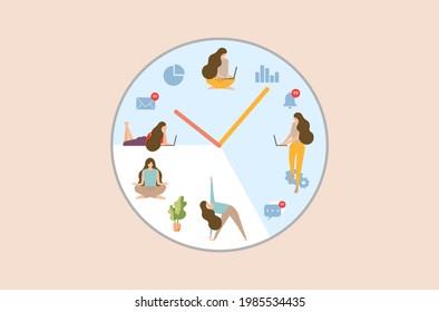 Flat Design Of Business Woman’s Working Hours And Relax Time After Work. Work Life Balance.