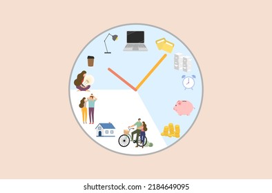 Flat design of business people’s working hours and relax time after work. Flat design of work life balance vector. Flat design of life cycle vector. Business woman spends time with family vector.