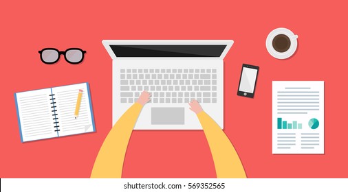 Flat design businessman concept. Top view of working place with laptop and documents on red background. Vector illustration for web banner.