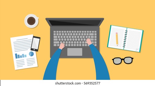 Flat design businessman concept. Top view of working place with laptop and documents on yellow background. Vector illustration for web banner.