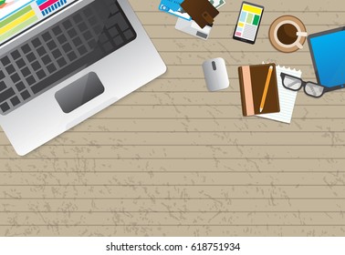 Flat design businessman concept. Top view of working place with laptop and documents on red background. Vector illustration for web banner.