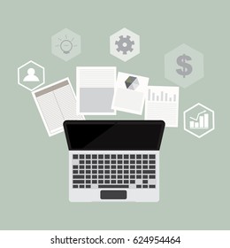 Flat design businessman concept. Top view of working place with laptop and documents on red background. Vector illustration for web banner.