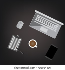 Flat design businessman concept. Top view of working place with laptop and documents on black background