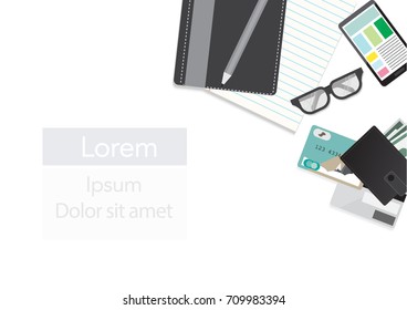 Flat design businessman concept. Top view of working place with laptop and documents on red background. Vector illustration for web banner.