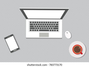 Flat design businessman concept. Top view of working place with laptop, smart phone, coffee  on transparent background background.  High resolution.  You can easy  change colors or size 