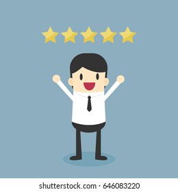 Flat design of businessman giving five star rating. vector illustration.