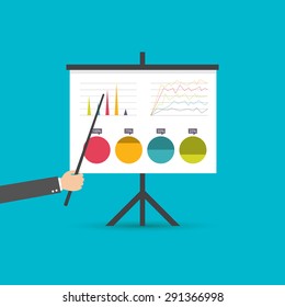 flat design businessman pointing at a board at a presentation, vector