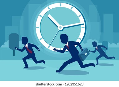 Flat design of businessman running in rush while competing for award with clock on background