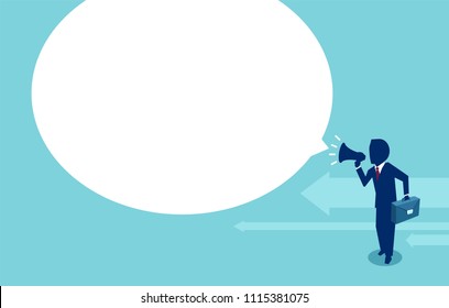 Flat design of businessman using megaphones and making announcement in speech bubble on blue background