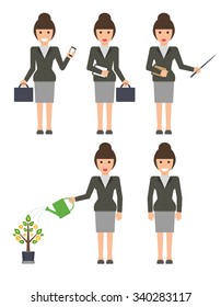 Flat design businesswoman dressed in suit isolated on white background. Business woman standing with briefcase watering money tree holding phone and pointing something