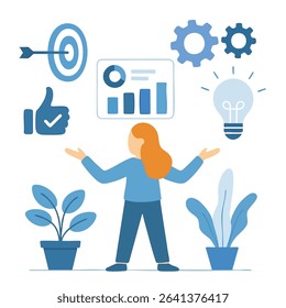 Flat Design Businesswoman Presenting Business Growth Statistics and Idea Icon Illustration