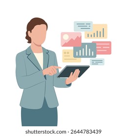 Flat design of a businesswoman using a tablet with data charts and graphs. Ideal for business, analytics, marketing, and digital presentation themes.