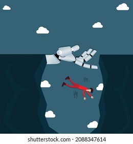 Flat design of business,Young man fell into the ravine while walk on the robot hand,disruption concept - 
vector Illustration