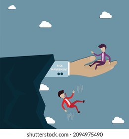 Flat design of business,Young man fell into the ravine but another man had a big hand support him, Risk 
management concept - vector Illustration