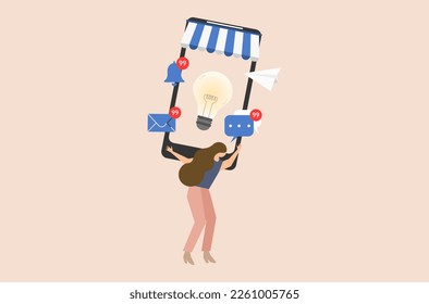 Flat design of busy office worker, businesswoman with overwhelmed work, flat design of work life not balance vector, overwhelming business tasks vector, online flat design of online shopping vector.