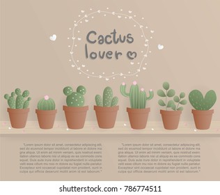 Flat design cactus lover with potted cactus on a wooden plank. Vector illustration. 