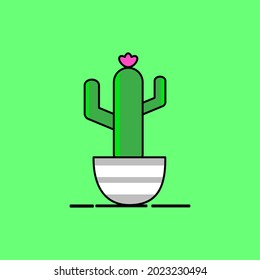 Flat design cactus with pink flowers in a potted plant. Illustration on green background.
