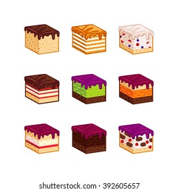 Flat design cake pie?e icons. Cartoon flavour vector illustration. Slice isolated set. Pieces of Chocolate, berries, tiramisu, meringue, honey cake