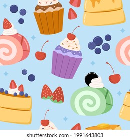 Flat design of cake snack collection cupcake pancake roll cake seamless pattern background vector stock