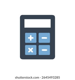 Flat design calculator icon. Features plus, minus, multiplication buttons and screen. Light blue on a dark blue body.