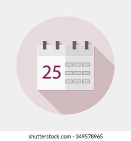 Flat design calendar app with number 25 icon with long shadow