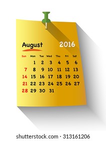 Flat design calendar for august 2016 on sticky note attached with green pin. Sundays first. Vector illustration