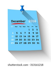 Flat design calendar for december 2016 on sticky note attached with blue pin. Sundays first. Vector illustration
