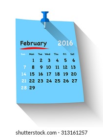 Flat design calendar for february 2016 on sticky note attached with blue pin. Sundays first. Vector illustration
