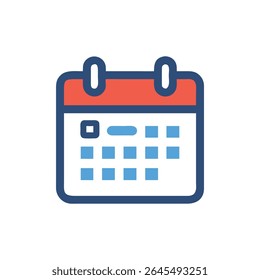 Flat design calendar icon with blue outline, red top and blue dates. A minimalist and modern design suitable for various applications.