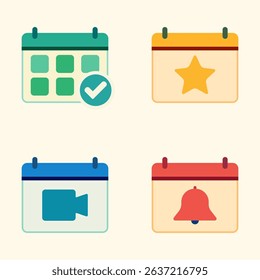 Flat Design Calendar Icon Collection Featuring Checklist, Star Event, Video Meeting, and Notification Reminder