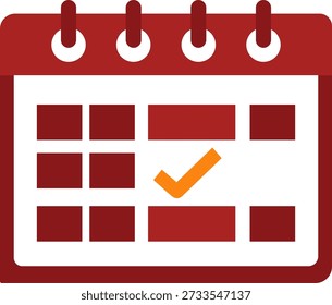 Icono de calendario de diseño plano en rojo oscuro y blanco con una marca de verificación naranja que indica una tarea completada o un evento programado
