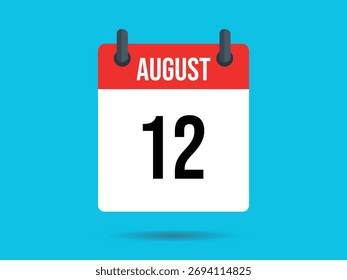 Diseño plano del icono del calendario que muestra la fecha del 12 de agosto con un marco rojo y una página blanca. Conjunto contra el fondo azul vibrante. Estilo minimalista.
