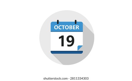 Flat design calendar icon displaying the nineteenth of october date inside a modern round light grey background button.