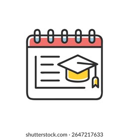 A flat design calendar icon illustrating an academic graduation event. Features graduation cap with tassel over schedule lines.
