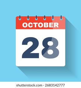 Flat design calendar icon for October 28 with shadow effect