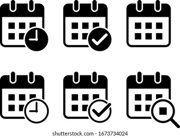 Flat Design Calendar Icon Set (Add Check Mark, Clock, Magnifying Glass)