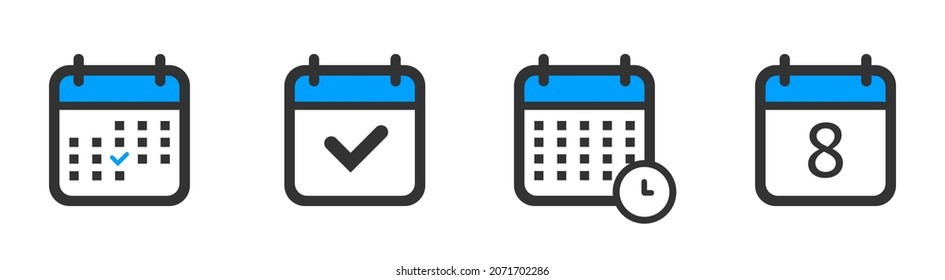 Flaches Design Kalender Symbol gesetzt. Vektorgrafik. 