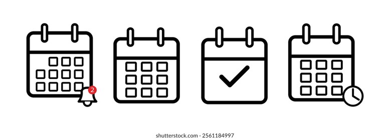 Flat design calendar icon set (Add check mark, clock,). Calendar sign and symbol vector.