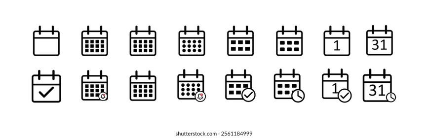 Flat design calendar icon set (Add check mark, clock,). Calendar sign and symbol vector.