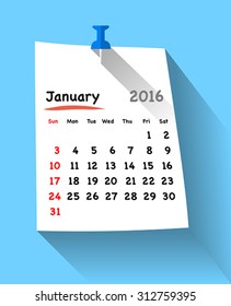 Flat design calendar for january 2016 on sticky note attached with blue pin. Sundays first. Vector illustration